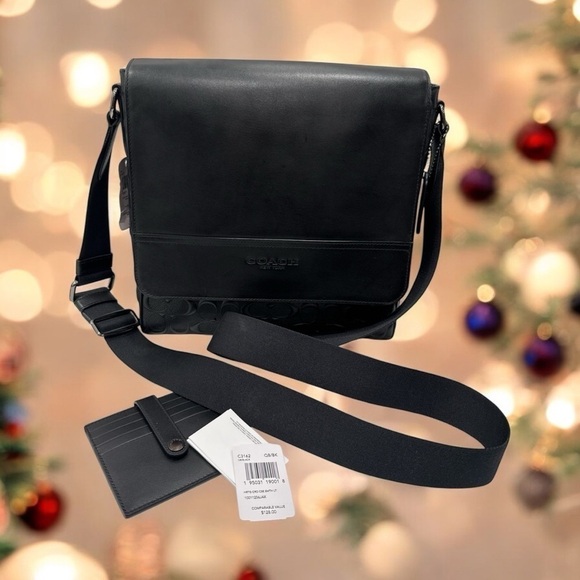 COACH Houston Map Crossbody Bag In Black Signature Leather with cart holder NWT - Picture 6 of 10